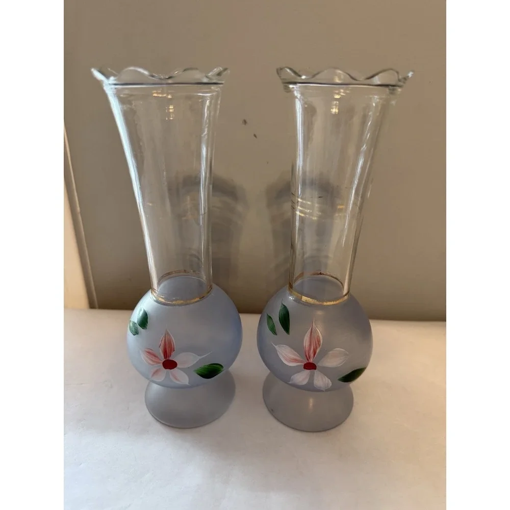 Pair Of 2 Bartlett Collins Vintage Clear - Frosted Glass Vases Hand Painted 9